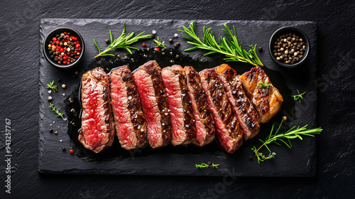 Sliced medium rare steak with herbs and spice in black plate food photography concept.