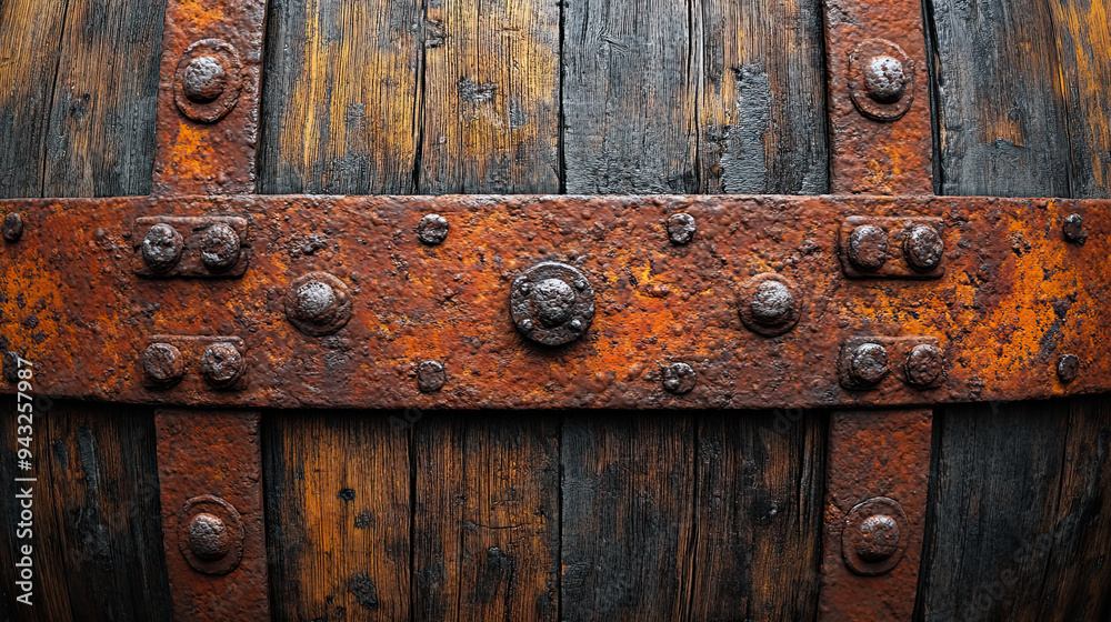 Fototapeta premium weathered wooden surface bound by a corroded iron strap with round bolts.