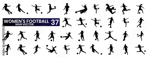 set of silhouettes of athletes, and female football players.