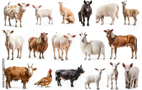 The collection of farm animals is isolated on a white background