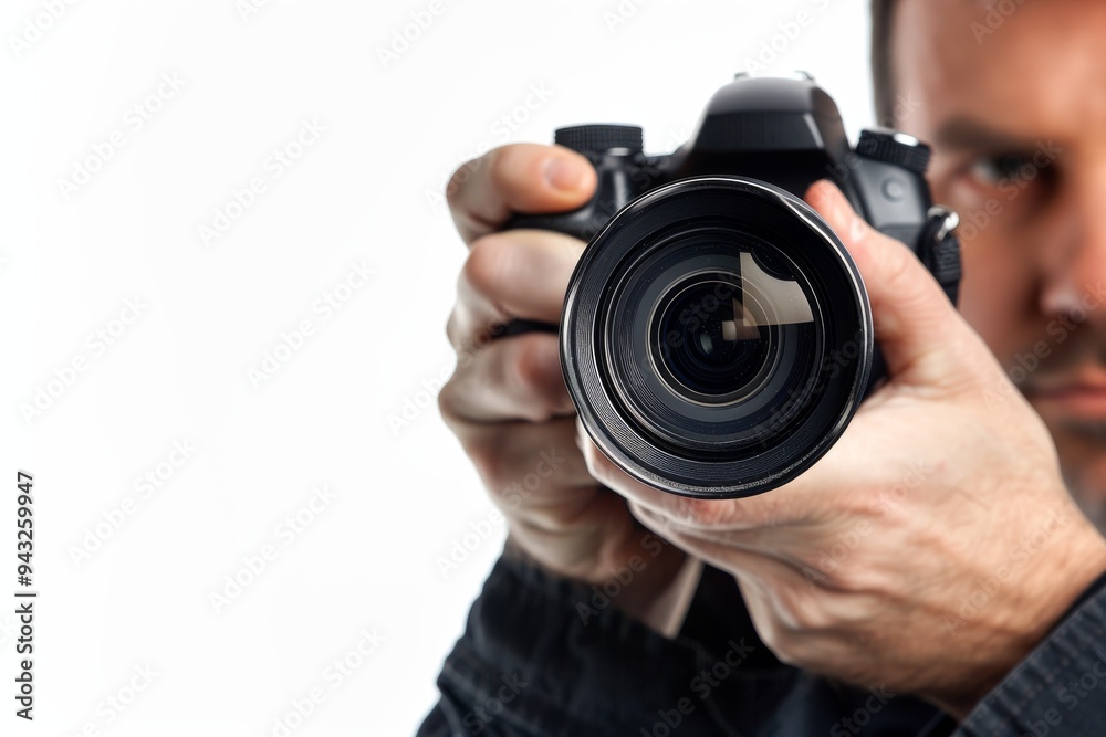 Photographer focusing camera lens on subject in bright studio Photographer focusing camera lens on subject in bright studio