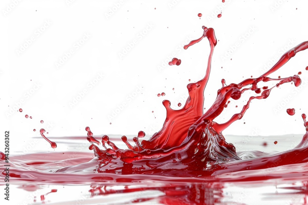 Red liquid splashes in water creating dynamic droplets