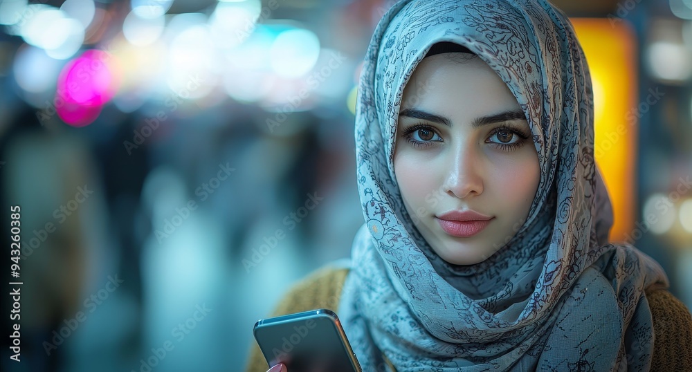 Young beautiful woman in a hijab using and texting on her smart phone mobile for service 5G digital communication and online social media city life Young beautiful woman in a hijab using and texting on her smart phone mobile for service 5G digital communication and online social media city life