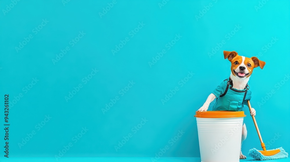 Ready to Clean - Cute Dog in Janitor Outfit with Mop and Bucket, Copy Space for Text Conceptual Image Ready to Clean - Cute Dog in Janitor Outfit with Mop and Bucket, Copy Space for Text Conceptual Image