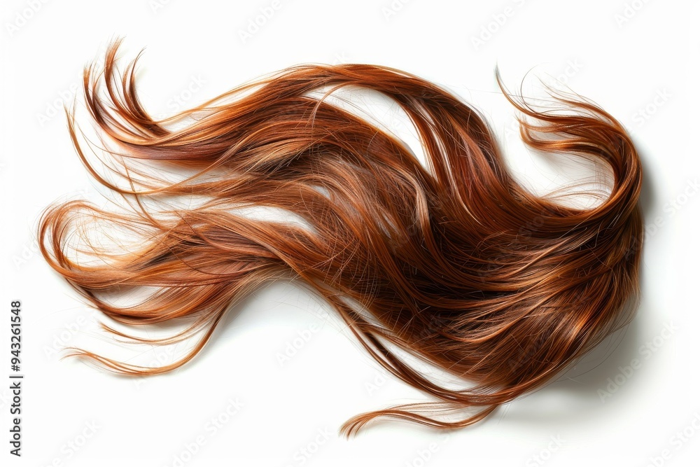 Flowing strands of reddish brown hair on a white background Flowing strands of reddish brown hair on a white background
