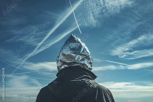Chemtrail conspiracy theory concept with back view of person with tinfoil hat looking at sky with condensation trails