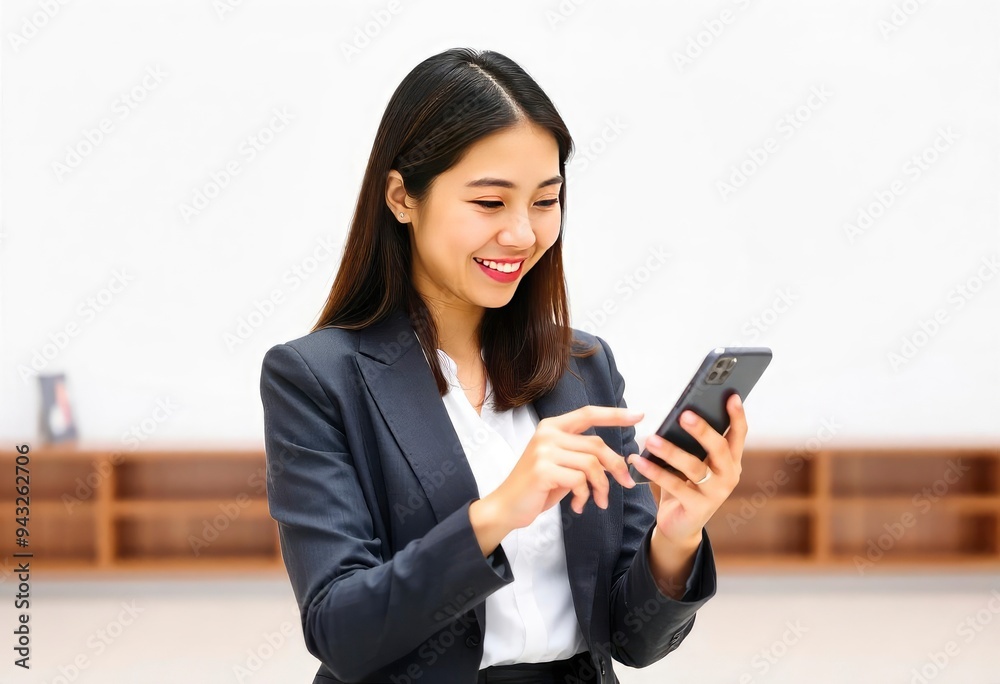 Beautiful Asian business woman holding smartphone on white background, ai Beautiful Asian business woman holding smartphone on white background, ai