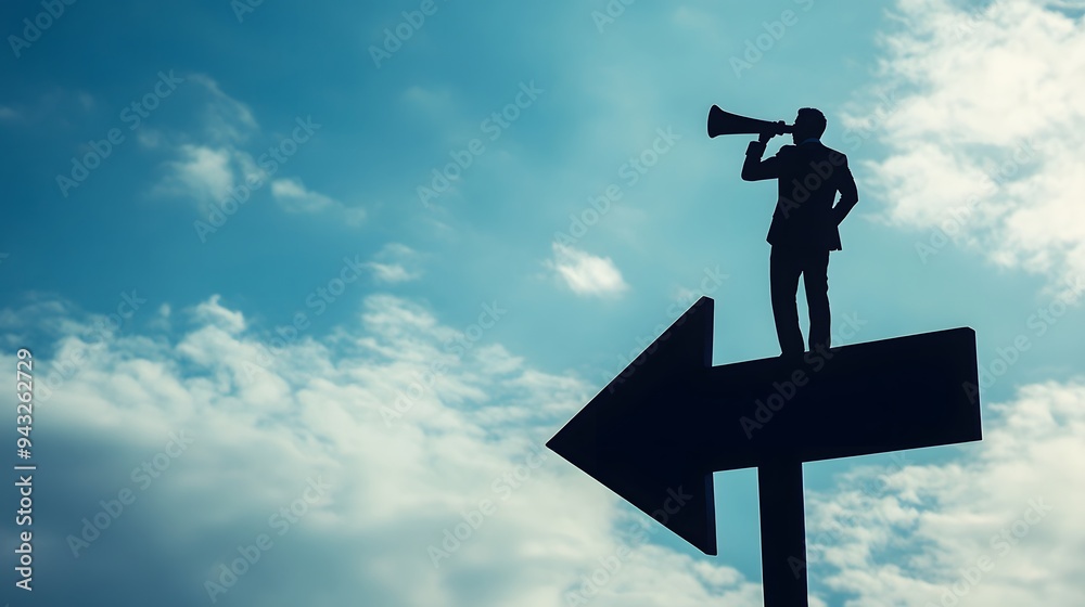 Businessman on a Signpost Shouting with a Megaphone Businessman on a Signpost Shouting with a Megaphone