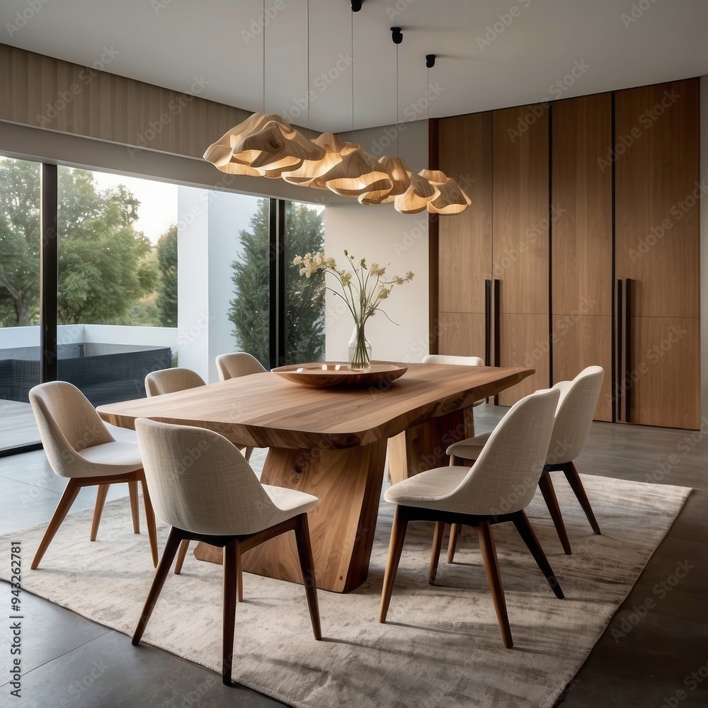 Fototapeta premium Modern dining room with wooden table, chairs, and ceiling lamps