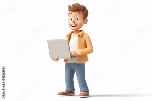 Man with laptop, 3D style, isolated on white background.