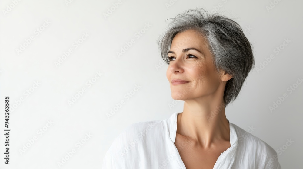 Confident woman with short gray hair looking to the side against a minimalist background in natural daylight Confident woman with short gray hair looking to the side against a minimalist background in natural daylight