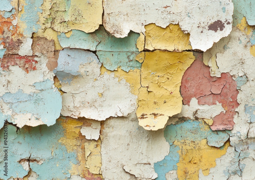 Obraz premium Peeling multicolored paint on a cracked, weathered wall with a rough texture Generative AI
