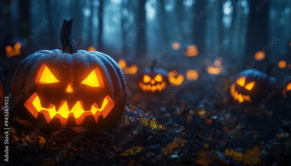 Glowing jack-o'-lanterns create a spooky scene in a shadowy forest on Halloween night. Glowing jack-o'-lanterns create a spooky scene in a shadowy forest on Halloween night.