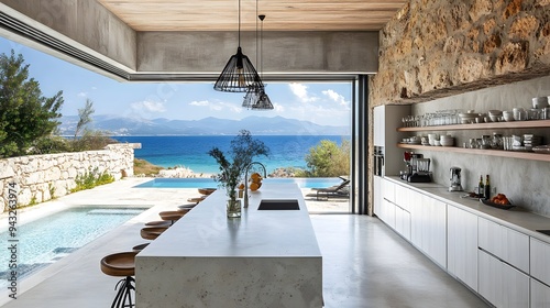 kitchen with beach coast sea view. A modern coastal kitchen featuring a large island with bar stools, panoramic ocean views, and a serene poolside ambianc photo