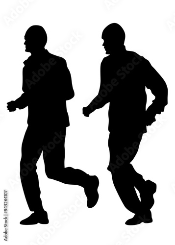 Young athletes run a marathon. Isolated silhouettes on white background