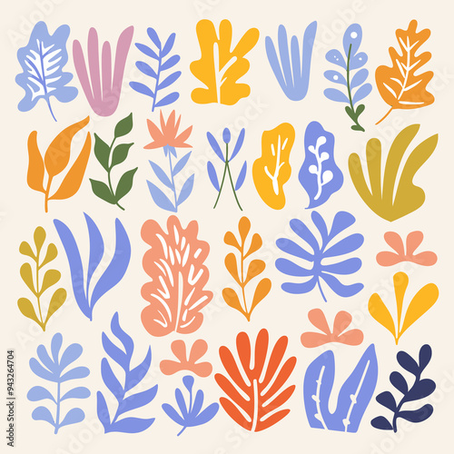 Groovy abstract flower art set. Organic doodle shapes in trendy naive retro . Floral botanical vector illustration .