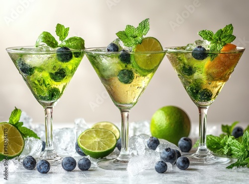Cocktails of different colors, with transparent ice and with berries decoration on the edge of martini glasses