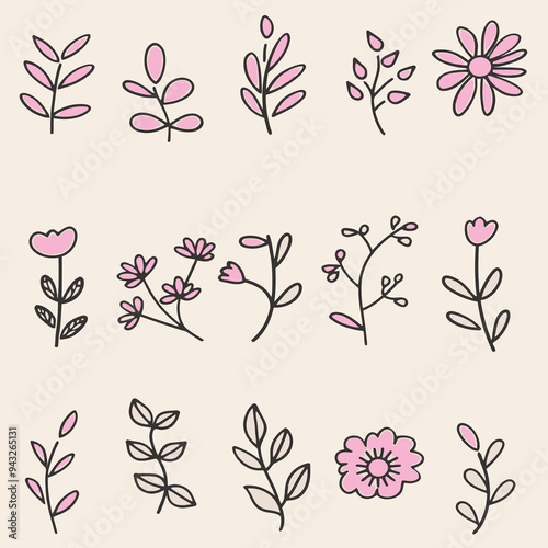 Flower doodle hand drawn line stroke. Sketch hand drawn spring floral plant, nature graphic leaf. Vector simple flower, leaf brush stroke. Vector illustration .