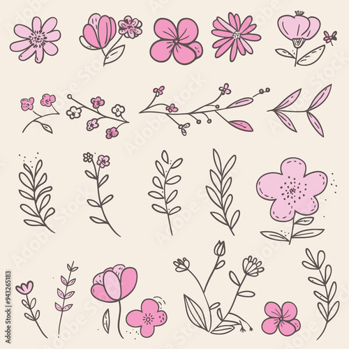Flower doodle hand drawn line stroke. Sketch hand drawn spring floral plant, nature graphic leaf. Vector simple flower, leaf brush stroke. Vector illustration .
