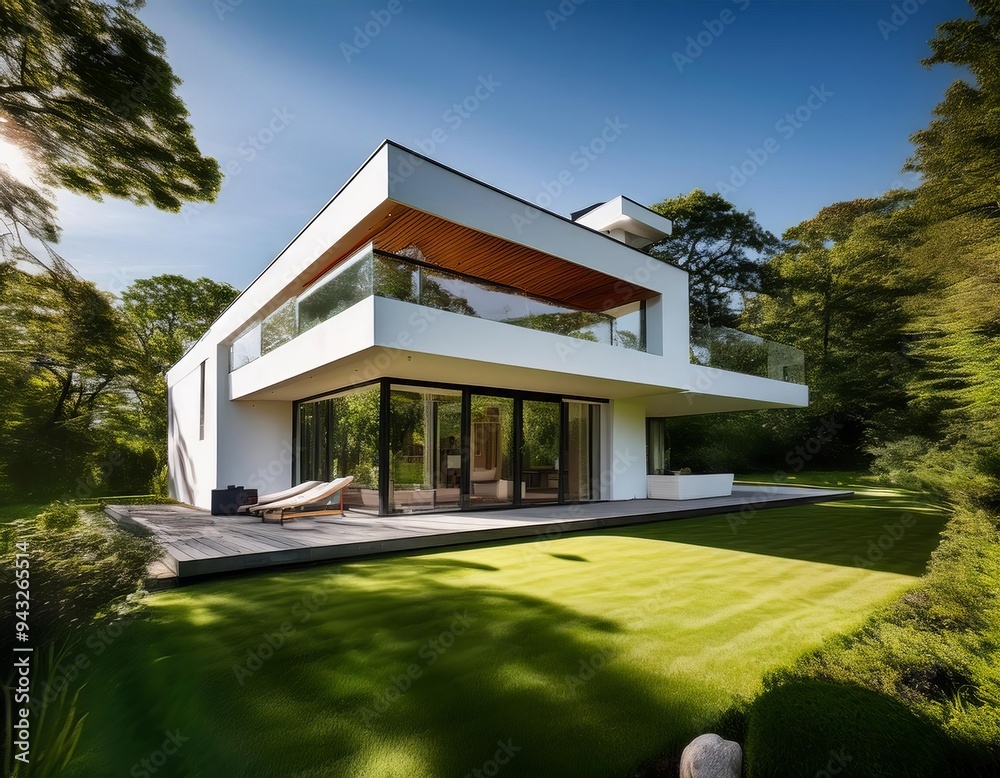 A bright shot of a white house surrounded by lush greenery, creating a peaceful, natural scene. A bright shot of a white house surrounded by lush greenery, creating a peaceful, natural scene.
