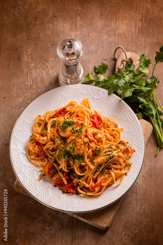 linguine with shrimp tomato sauce and parsley photo