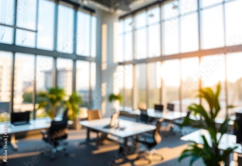 Beautiful blurred background of a light modern office interior with panoramic windows and beautiful lighting, ai