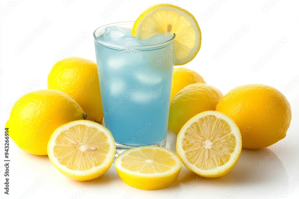 A Tall Glass of Refreshing Blue Lemonade Surrounded by Juicy Lemons on a White Background. A Tall Glass of Refreshing Blue Lemonade Surrounded by Juicy Lemons on a White Background.