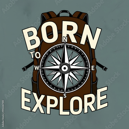 Born to Explore - Compass and Backpack Shaped Text T-Shirt Design Representing Adventure and Exploration Spirit. photo