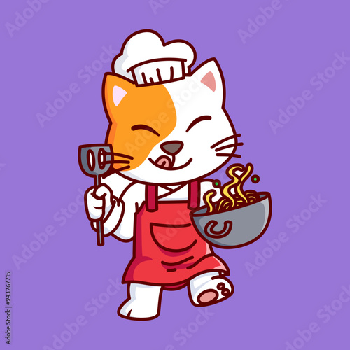 cute chef cat cooks noodles Vector Illustration Icon. Flat Cartoon Style