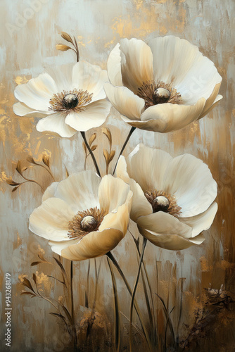 Beige Flower Art,  This artwork features large beige and cream flowers set against a textured background of soft browns and gold, exuding warmth and elegance photo