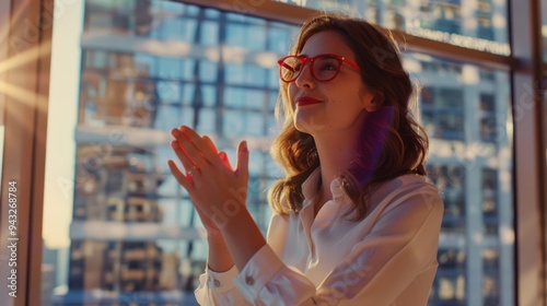 The woman clapping at sunset. photo