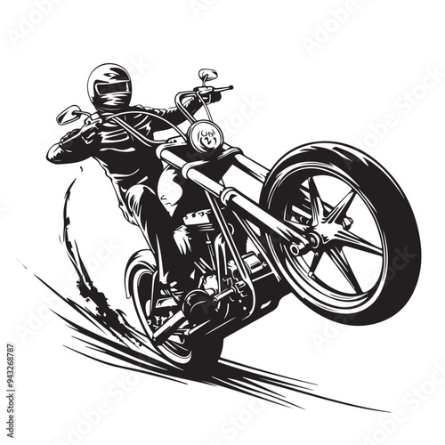 Motorcycle Rider  silhouette. Man Riding Chopper in action Stock Illustrations isolated on white background.