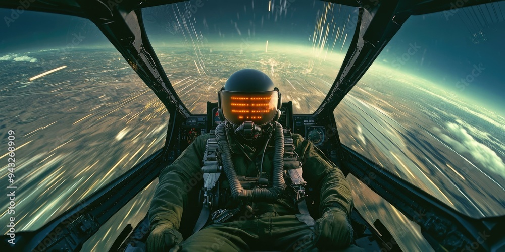 Fototapeta premium Pilot in cockpit flying over planet.
