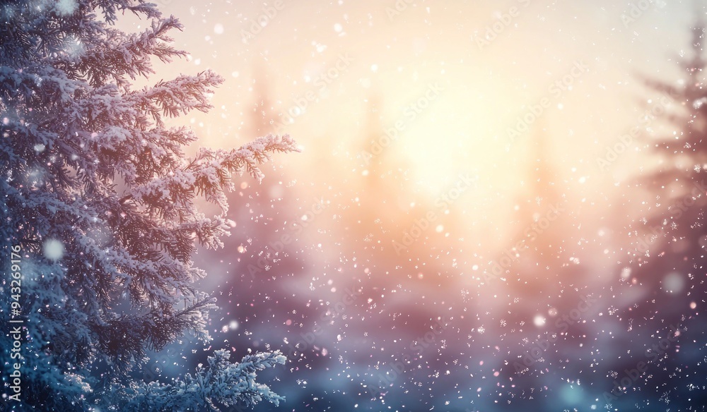 Winter sunrise with snowfall over a snowy evergreen tree in the foreground Generative AI Winter sunrise with snowfall over a snowy evergreen tree in the foreground Generative AI
