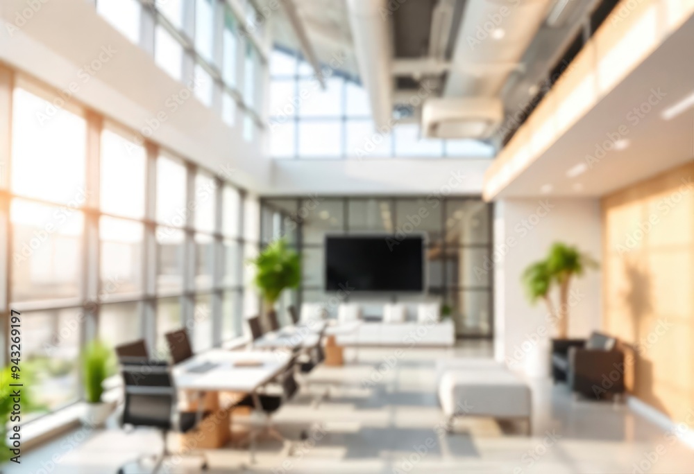 Beautiful blurred background of a light modern office interior with panoramic windows and beautiful lighting, ai Beautiful blurred background of a light modern office interior with panoramic windows and beautiful lighting, ai