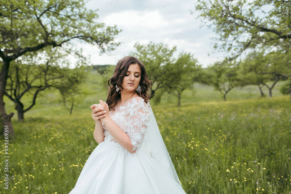A woman in a white dress stands in a field of grass. She is wearing a lace veil and earrings A woman in a white dress stands in a field of grass. She is wearing a lace veil and earrings