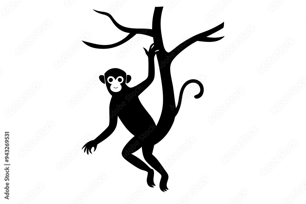 Naklejka premium Monkey Hanging in Tree Vector Illustration – Cartoon, Clip art, and Line Art Design