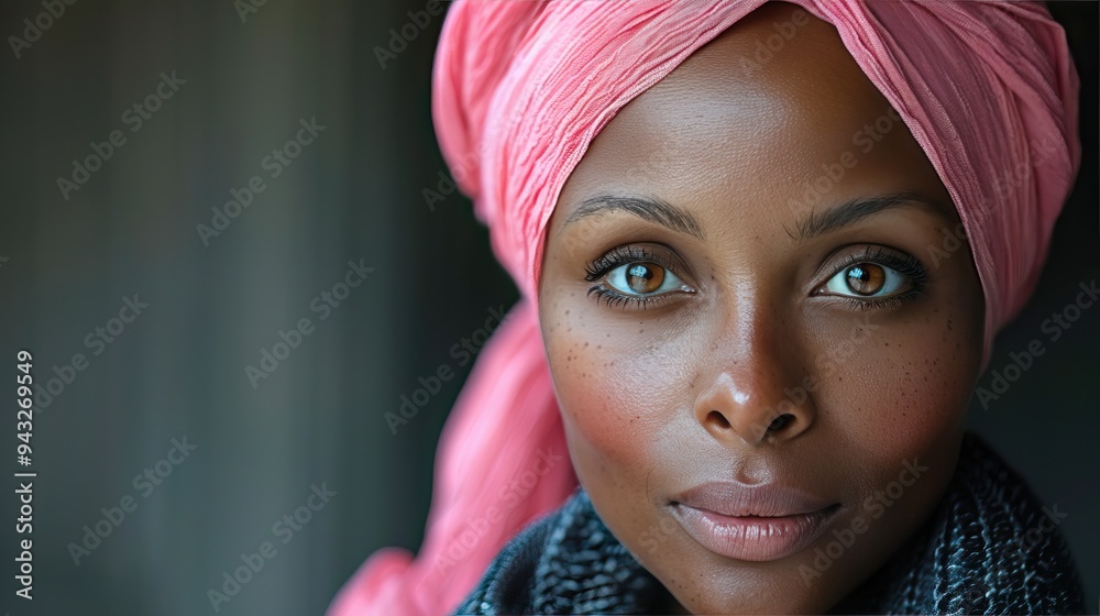A close-up portrait of a woman with a pink headscarf and striking green eyes, looking directly at the camera. The background is blurred, emphasizing her facial features and expression.