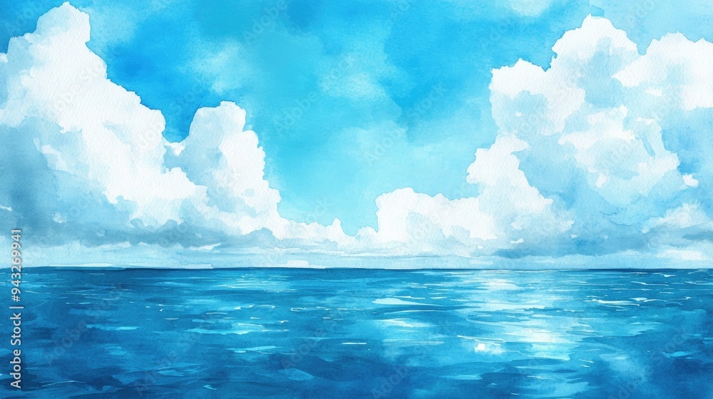 Fototapeta Watercolor illustration of a serene blue ocean