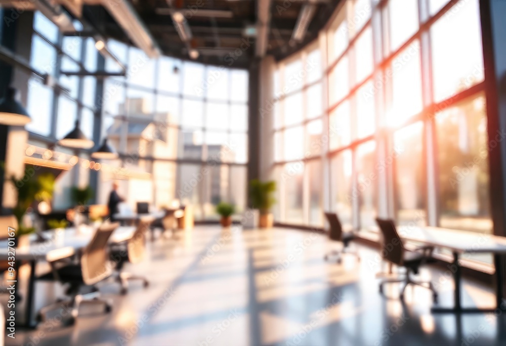 Beautiful blurred background of a light modern office interior with panoramic windows and beautiful lighting, ai Beautiful blurred background of a light modern office interior with panoramic windows and beautiful lighting, ai