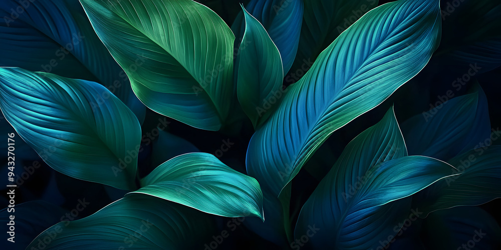 Close-up detail macro texture bright blue green leave tropical forest plant spathiphyllum cannifolium in dark nature background.Curve leaf floral botanical abstract desktop wallpaper,w Close-up detail macro texture bright blue green leave tropical forest plant spathiphyllum cannifolium in dark nature background.Curve leaf floral botanical abstract desktop wallpaper,w