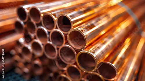 Stack of Shiny Copper Pipes in Warehouse. Close-up view of a stack of shiny copper pipes neatly arranged in a warehouse, reflecting warm orange and gold tones.