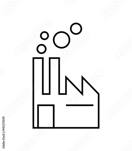 Simple line drawing of a factory building with geometric shapes and circular smoke, representing industry, manufacturing, and production. Black lines on white background with minimalist design. photo