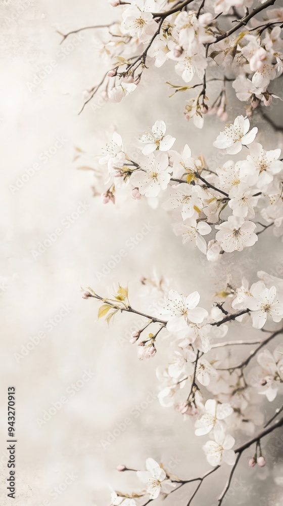 Cherry blossom branches adorned with soft white flowers emerge beautifully against a gentle floral backdrop Cherry blossom branches adorned with soft white flowers emerge beautifully against a gentle floral backdrop