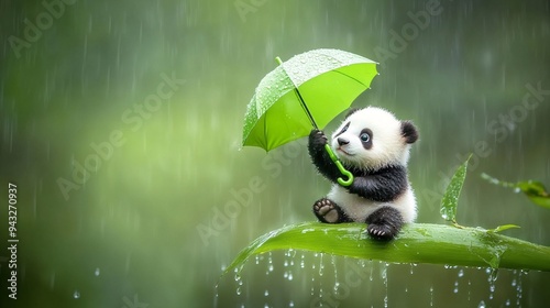 A baby panda sits on a green leaf and covers itself from the rain with a green leaf umbrella