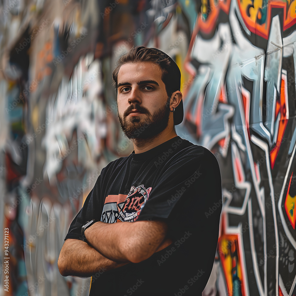 men before a graffitiy wall, in a black tshirt, looking mean men before a graffitiy wall, in a black tshirt, looking mean