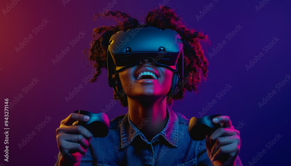 Person enjoying virtual reality with a sleek headset, controller, in a futuristic purple-blue setting Person enjoying virtual reality with a sleek headset, controller, in a futuristic purple-blue setting