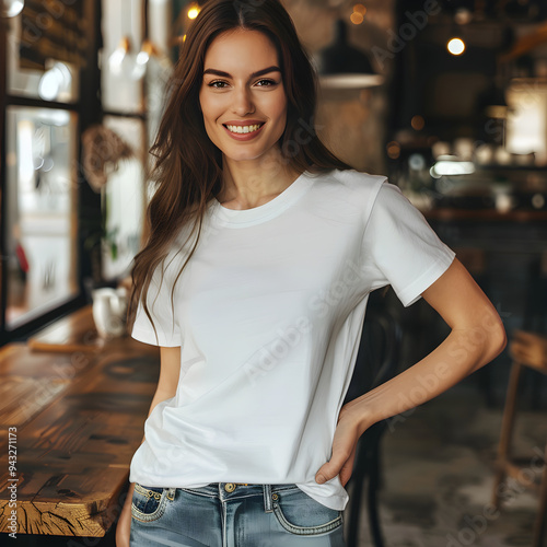 brown haired femail model, in a boho cafe / bar, wearing a white tshirt, smiling into the camera photo