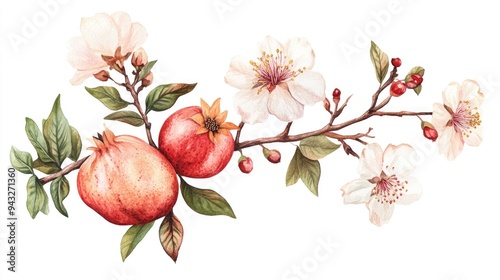 Watercolor illustration of a blooming pomegranate branch featuring tropical fruit accompanied by a floral botanical design hand drawn with colored pencils This hand painted artwork includes flower