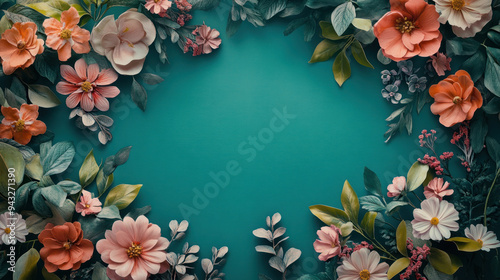 Wallpaper Mural Teal Floral Background,  This is a vibrant teal background featuring an elegant floral border, perfect for use in digital designs, invitations, and decorative projects Torontodigital.ca